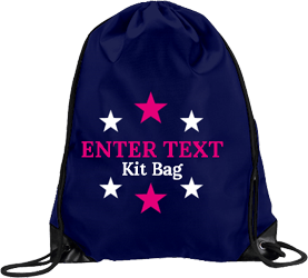 Navy drawstring, fuchsia text with tagline and stars all around