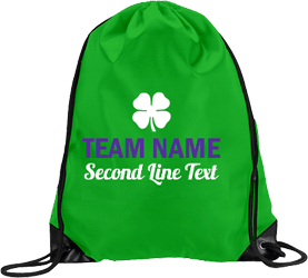 Green drawstring, white and purple text and clovers