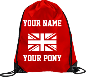 Red drawstring, Union Jack design with text around