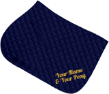 Navy saddle cloth, gold glitter two-line text