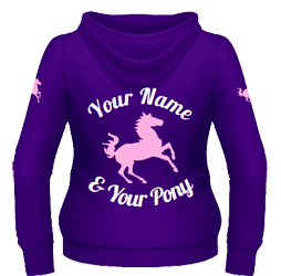 Purple hoodie, pink pony and two-line text (back)