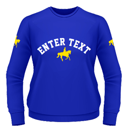 Royal sweatshirt, yellow designs and white curve text