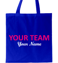 Blue tote bag, fuchsia text, white tagline