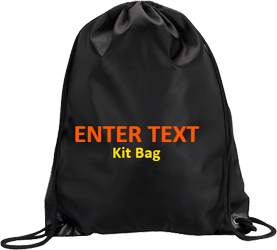 Black drawstring, orange text, yellow tagline