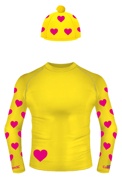 Yellow XC Baselayer and Hat Cover with fuchsia pink hearts