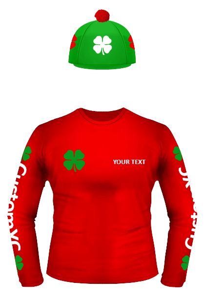 Red XC Polo with green glitter clovers and arm text
