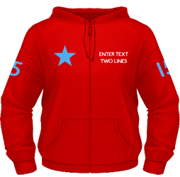 Red zip hoodie with chest and arm text